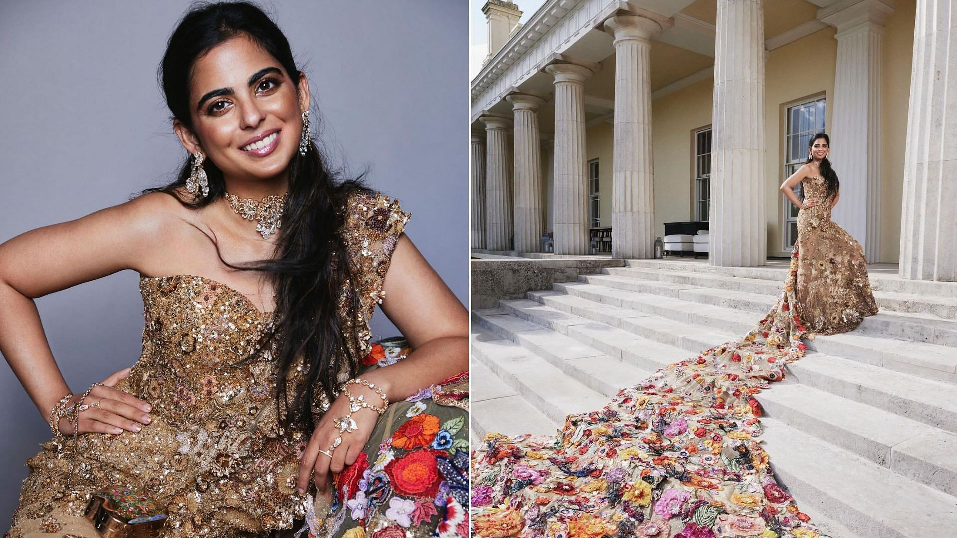 <div class="paragraphs"><p>Isha Ambani shines in a stunning floral saree gown crafted by designer Rahul Mishra.</p></div>