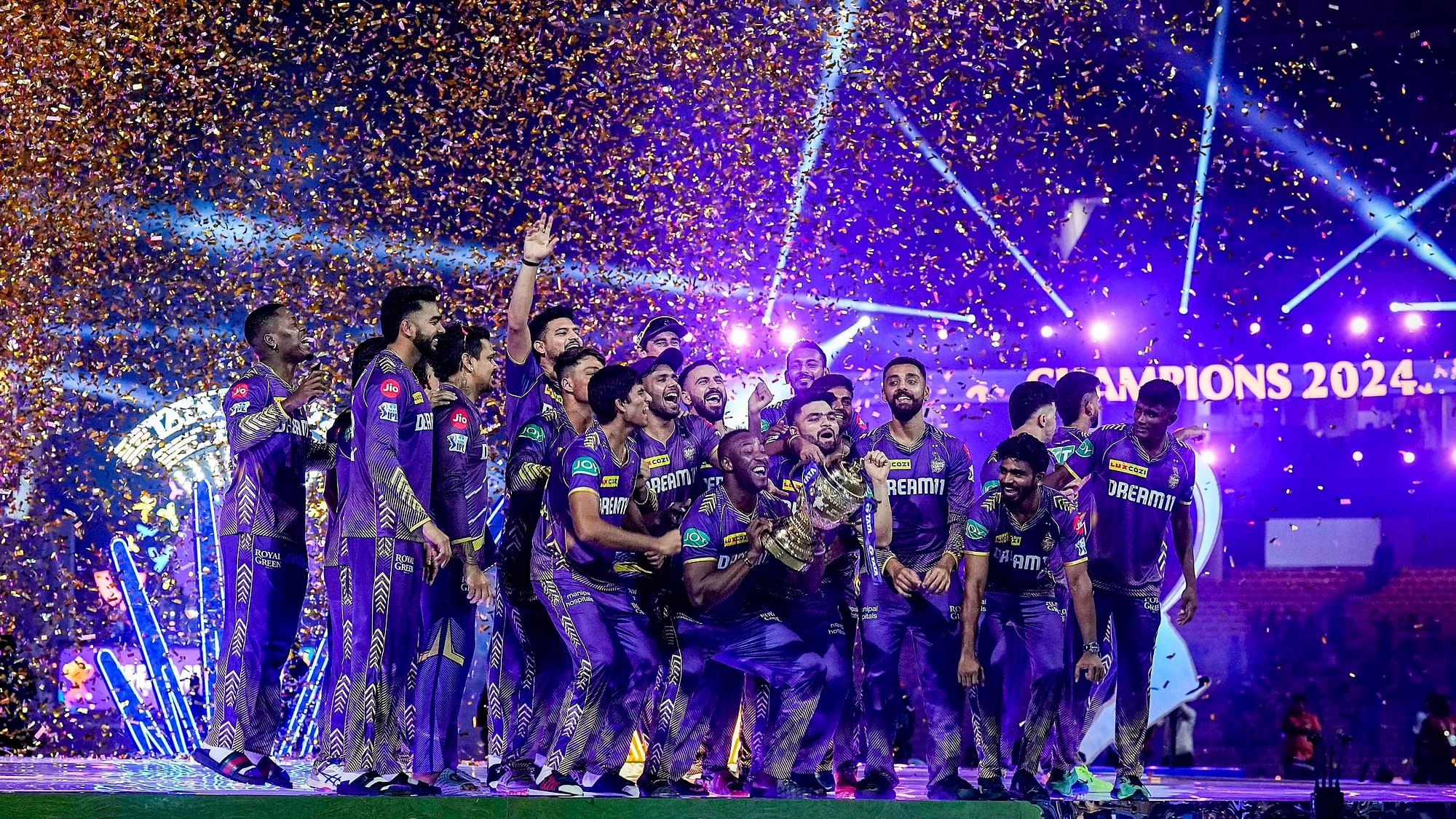 <div class="paragraphs"><p>Chennai: Kolkata Knight Riders players celebrate with the Indian Premier League (IPL) 2024 trophy after winning the final match against Sunrisers Hyderabad at MA Chidambaram Stadium, in Chennai, Sunday, May 26, 2024.</p></div>