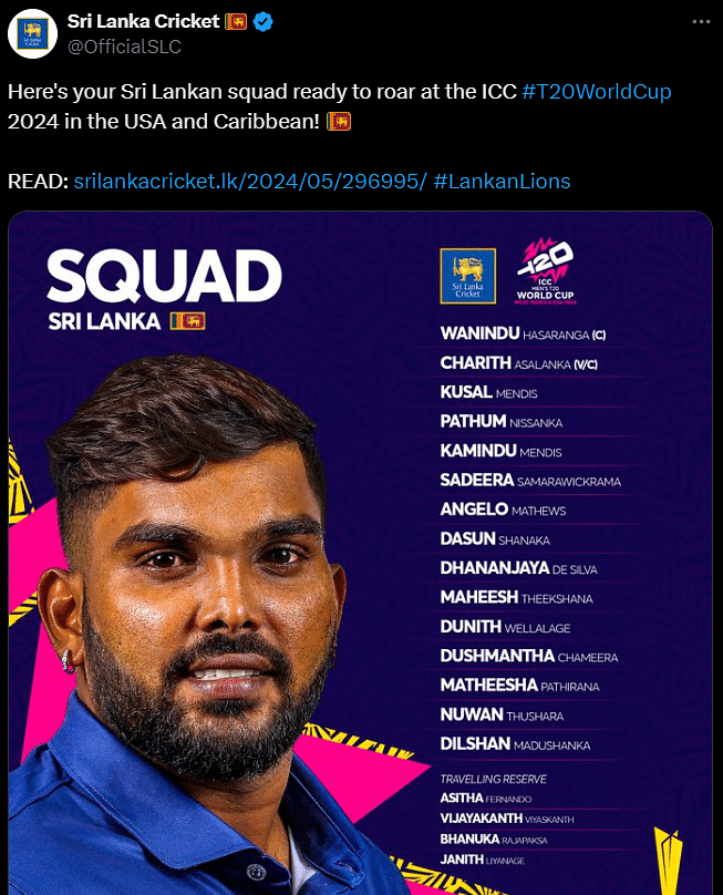 T20 World Cup 2024: Wanindu Hasaranga will lead Sri Lanka, while veteran Angelo Mathews also makes his return.