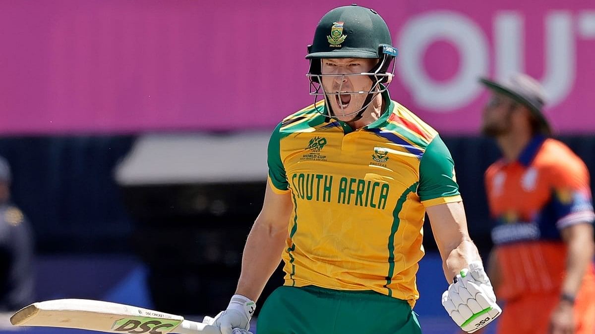 <div class="paragraphs"><p>David Miller celebrates scoring the winning runs against the Netherlands during an ICC Mens T20 World Cup cricket match at the Nassau County International Cricket Stadium in Westbury, N.Y., Saturday, 8 June, 2024.</p></div>