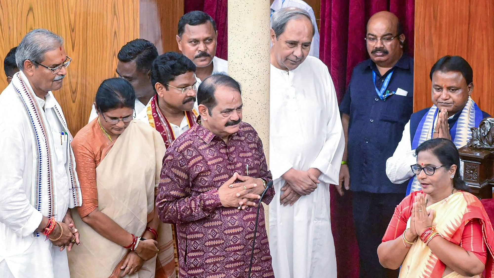 <div class="paragraphs"><p> Speaker of the Odisha Assembly Surama Padhy takes charge after being elected unopposed, in Bhubaneswar. Odisha CM Mohan Charan Majhi and Leader of Opposition and BJD Chief Naveen Patnaik are also seen.</p></div>