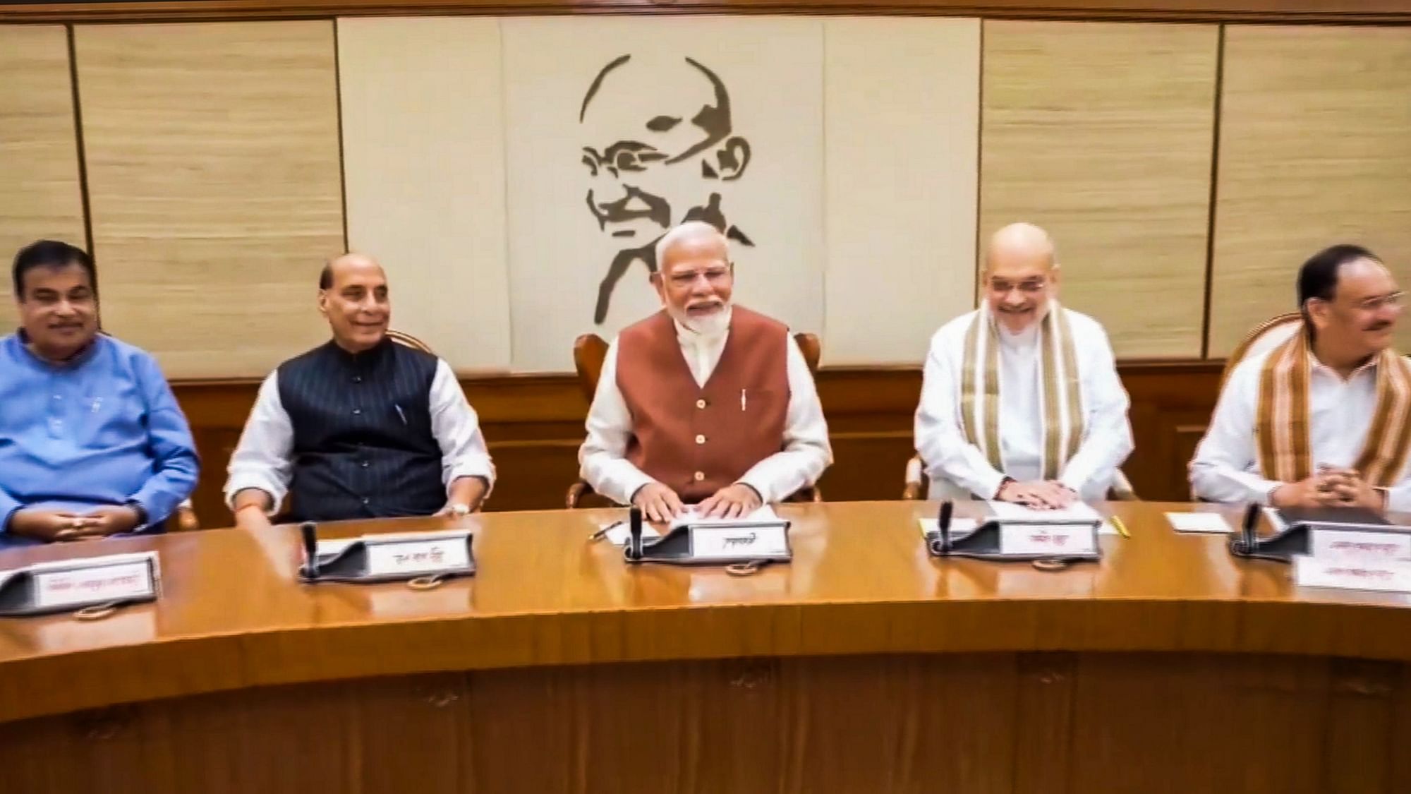 <div class="paragraphs"><p>New Delhi: Prime Minister Narendra Modi chairs the first meeting of his new Cabinet, attended by the newly-inducted ministers, at the prime minister's 7, Lok Kalyan Marg residence, in New Delhi, Monday, June 10, 2024. BJP MPs Rajnath Singh, Amit Shah, Nitin Gadkari and JP Nadda are also seen. </p></div>