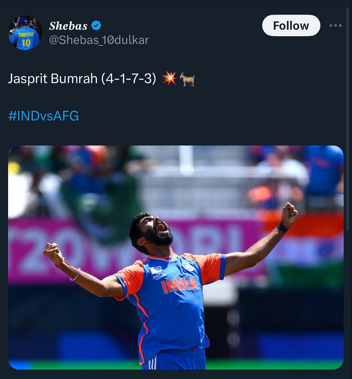 Bumrah delivered exceptional figures against Afghanistan - 1 maiden, 7 runs conceded, and 3 wickets.