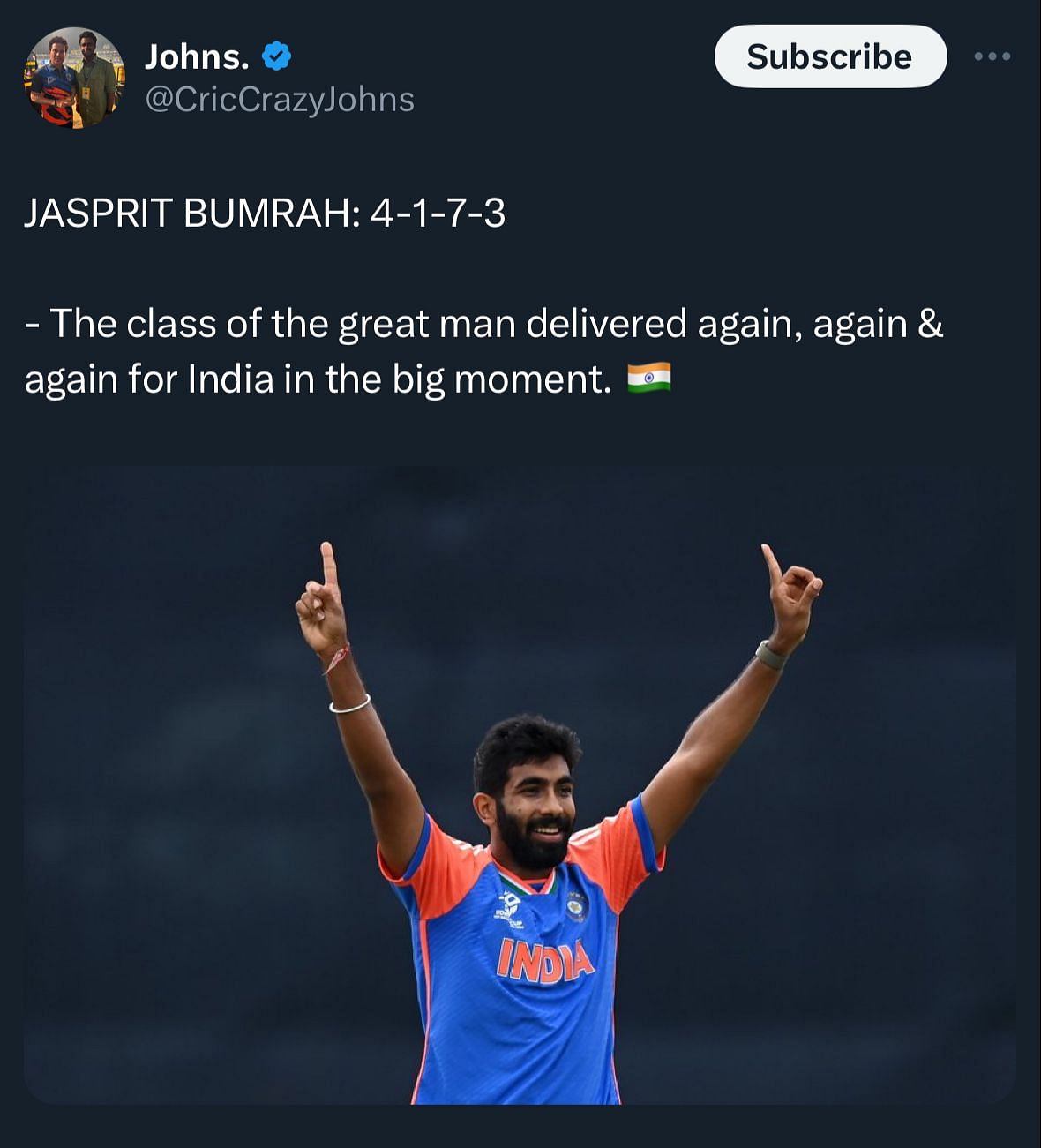 Bumrah delivered exceptional figures against Afghanistan - 1 maiden, 7 runs conceded, and 3 wickets.