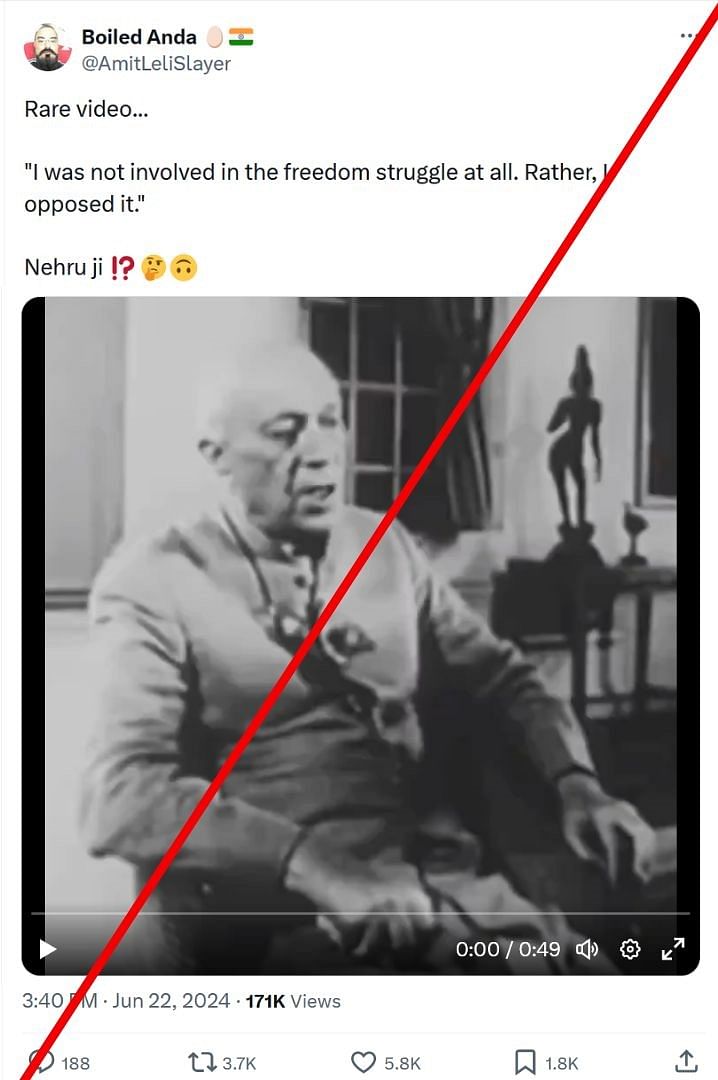 This video is edited. The original version shows Nehru talking about Jinnah's views on the independence struggle.