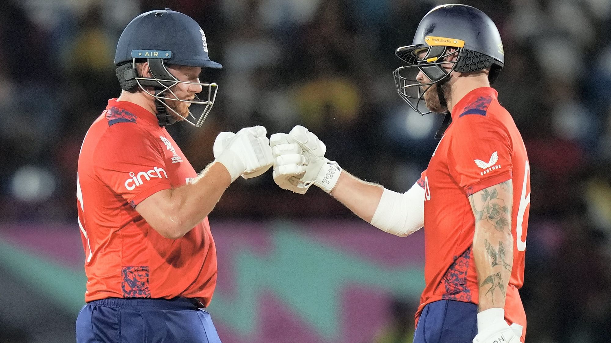 <div class="paragraphs"><p>Phil Salt is congratulated by teammate Jonathan Bairstow, left, after scoring 50 runs during the men's T20 World Cup cricket match between England and the West Indies at Darren Sammy National Cricket Stadium, Gros Islet, St Lucia, Wednesday,</p></div>