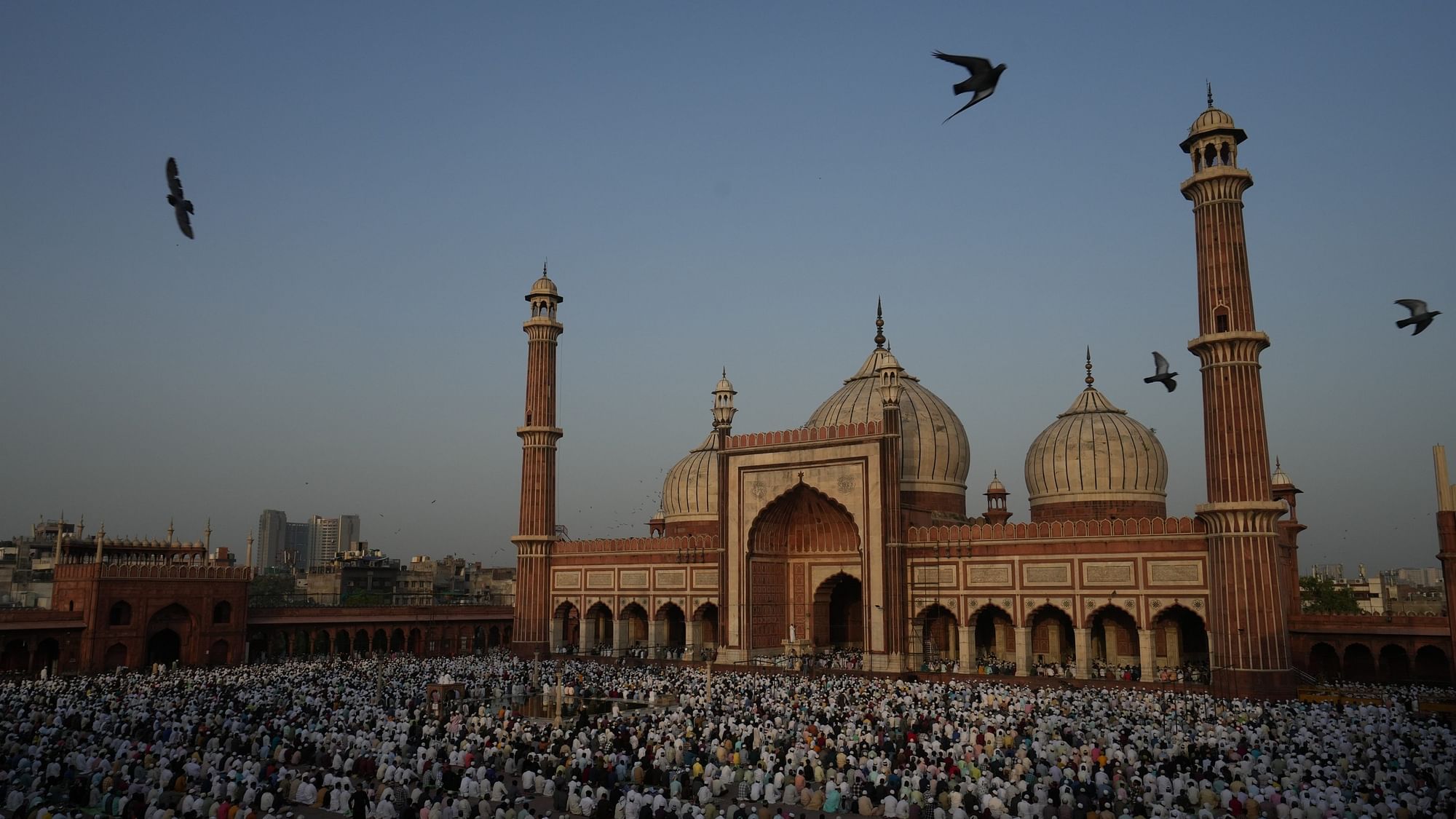 <div class="paragraphs"><p>Muslim devotees offer namaz on Eid al-Adha festival at Jama Masjid in New Delhi on Monday, 17 June 2024.</p></div>