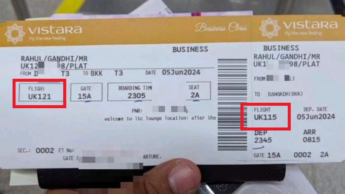 This is an edited photo, the original boarding pass is for Singapore and does not show Gandhi's name on it.