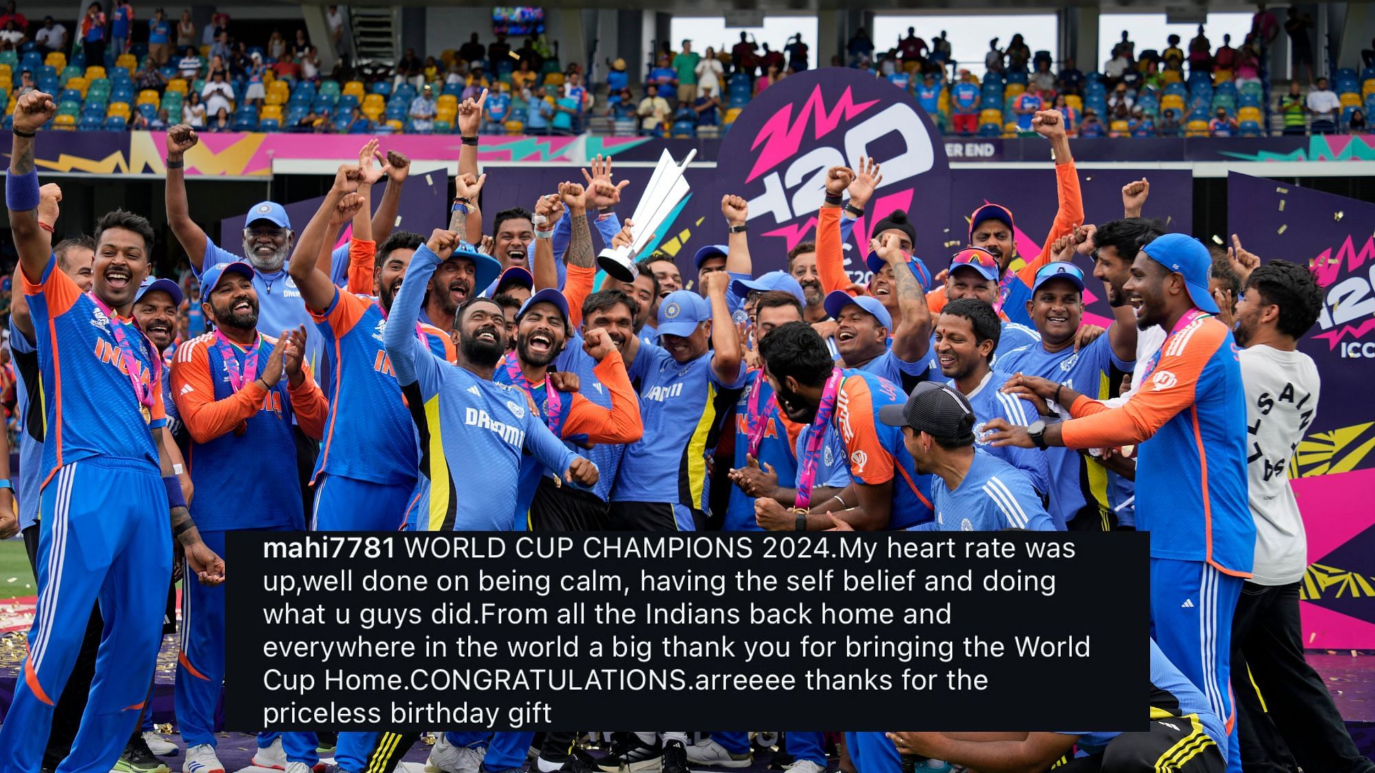 <div class="paragraphs"><p><a href="https://www.thequint.com/topic/ms-dhoni">MS Dhoni</a>, who captained India to 2007 Men’s T20 World Cup triumph in South Africa, congratulated the Rohit Sharma-led side</p></div>