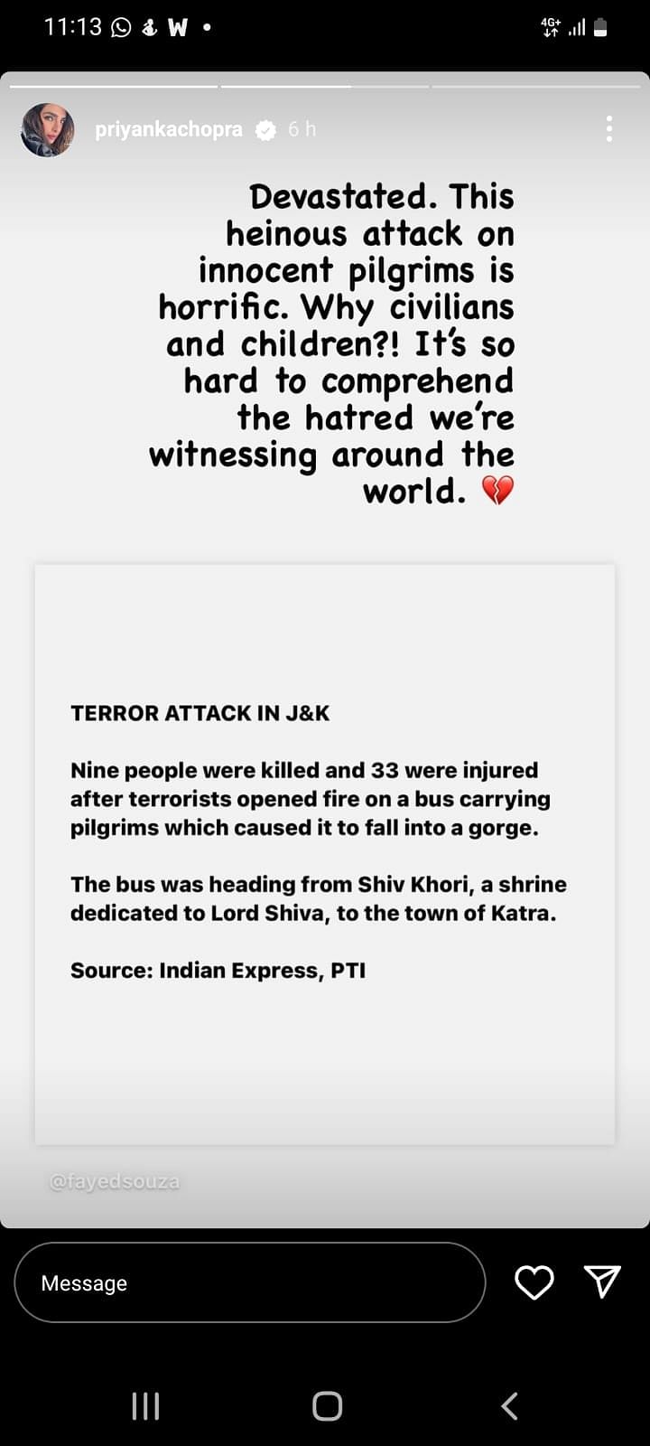 Priyanka Chopra condemned the terrorist attack on a bus carrying pilgrims in Jammu and Kashmir’s Reasi district. 