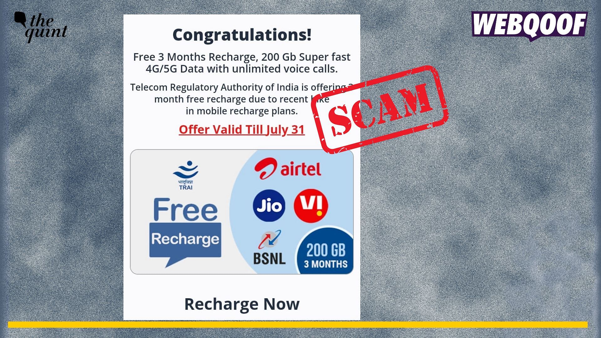 <div class="paragraphs"><p>Fact-check: TRAI is not offering free recharge, the viral post is false and the link is a scam. </p></div>