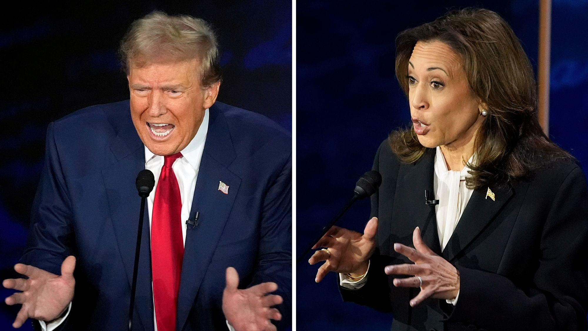 <div class="paragraphs"><p>Donald Trump and Kamala Harris during the presidential debate on Wednesday, 11 September.&nbsp;</p></div>