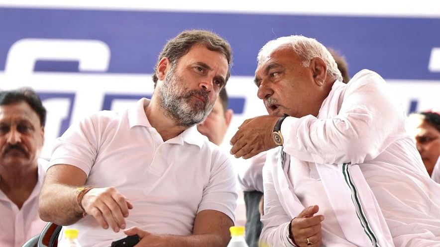 <div class="paragraphs"><p>Leader of Opposition in Lok Sabha and Congress leader Rahul Gandhi with former Haryana CM Bhupinder Singh Hooda during a public meeting in Hisar. </p></div>