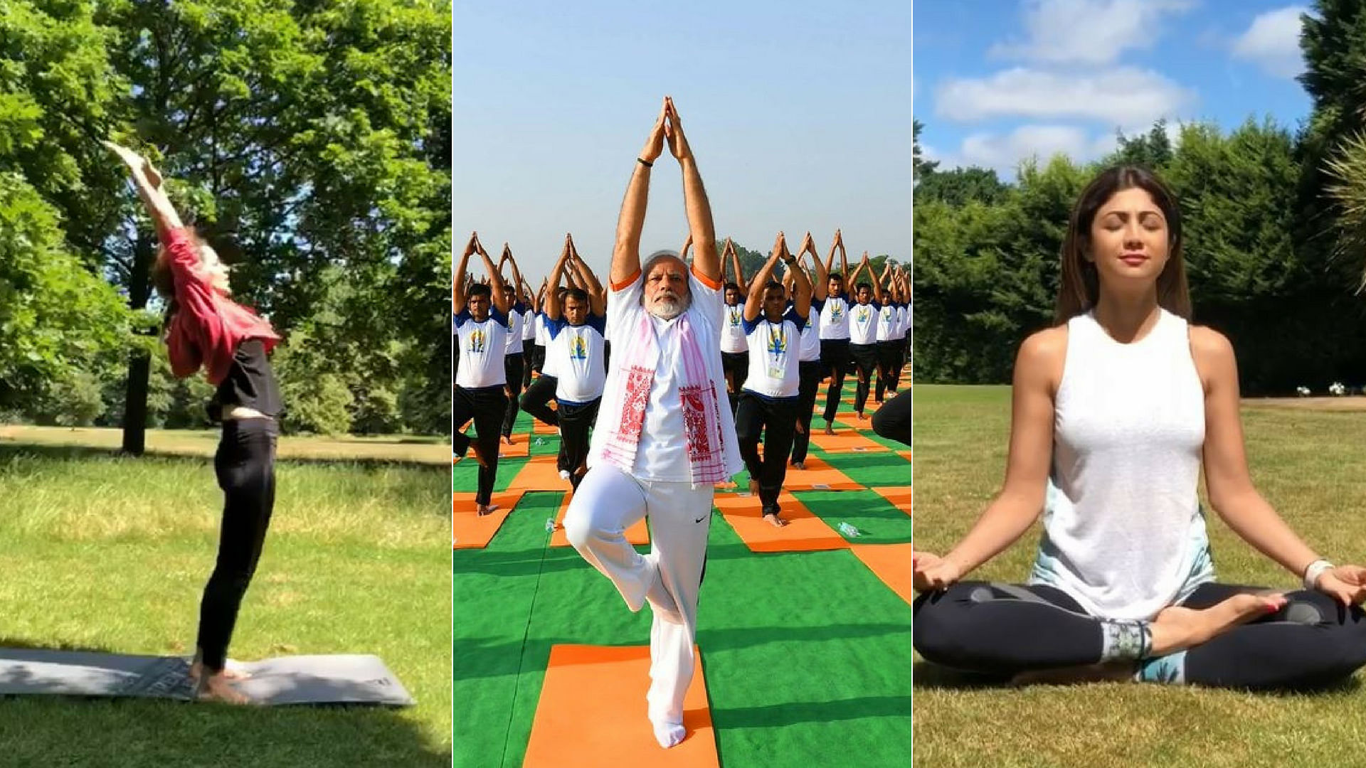 Kangana Ranaut, PM Modi and Shilpa Shetty doing yoga (from left to right).