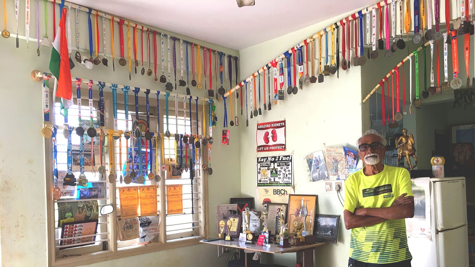 Bylahalli Raghunath Janardan, 86, is the oldest competitor in almost all of the marathon and cycling events he attends.&nbsp;