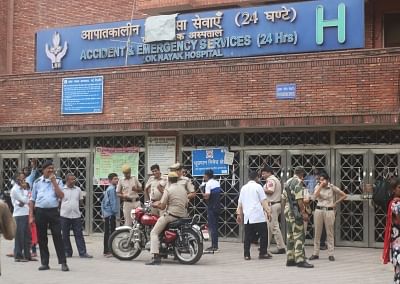 New Delhi: Security personnel outside the Lok Nayak Jai Prakash (LNJP) Hospital where doctors went on a strike as they are protesting against the National Medical Commission (NMC) Bill 2019, in New Delhi on 2 August, 2019.&nbsp;
