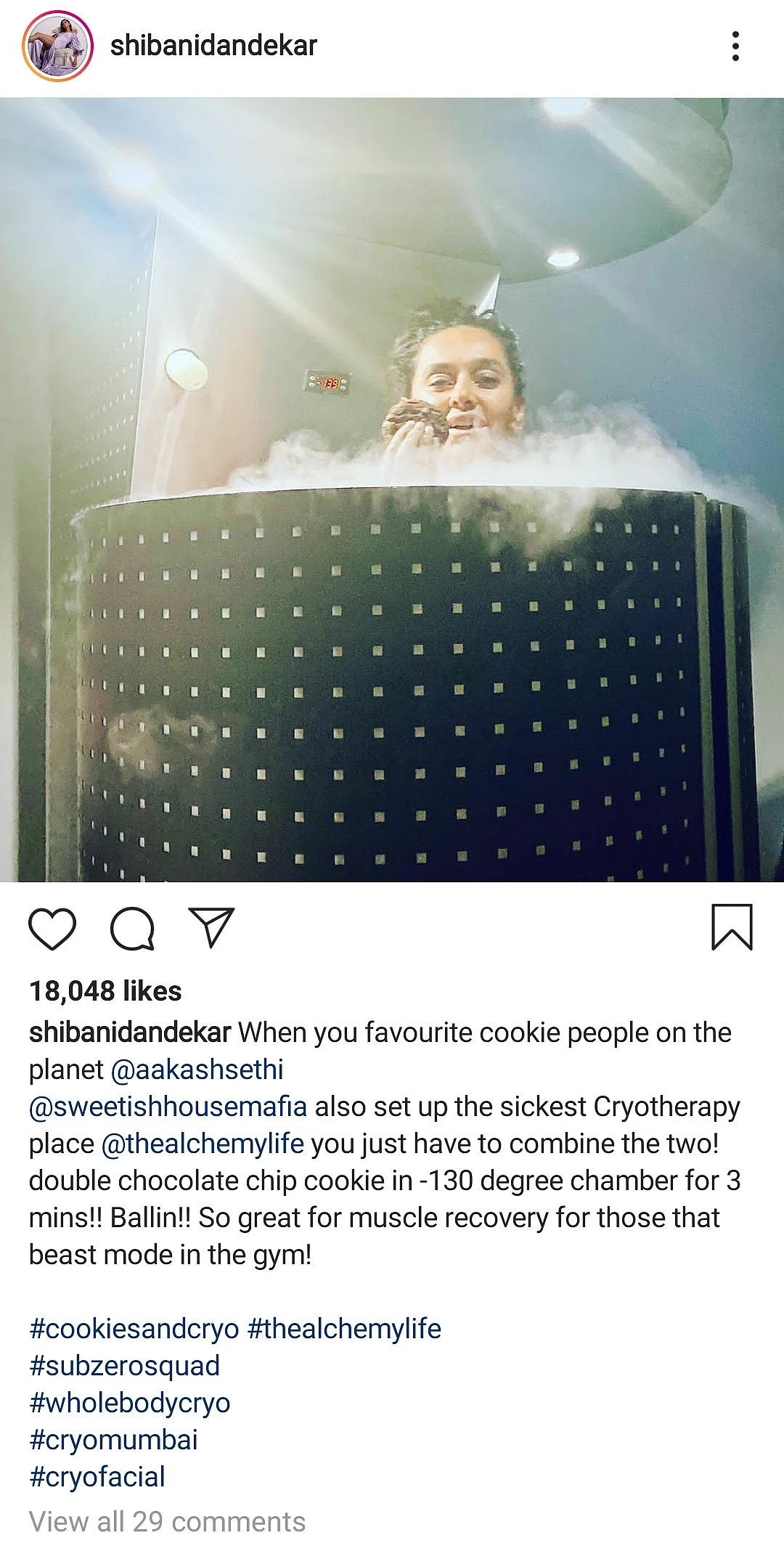 Shibani Dandekar shared her crazy experience of Cryotherapy on Instagram.