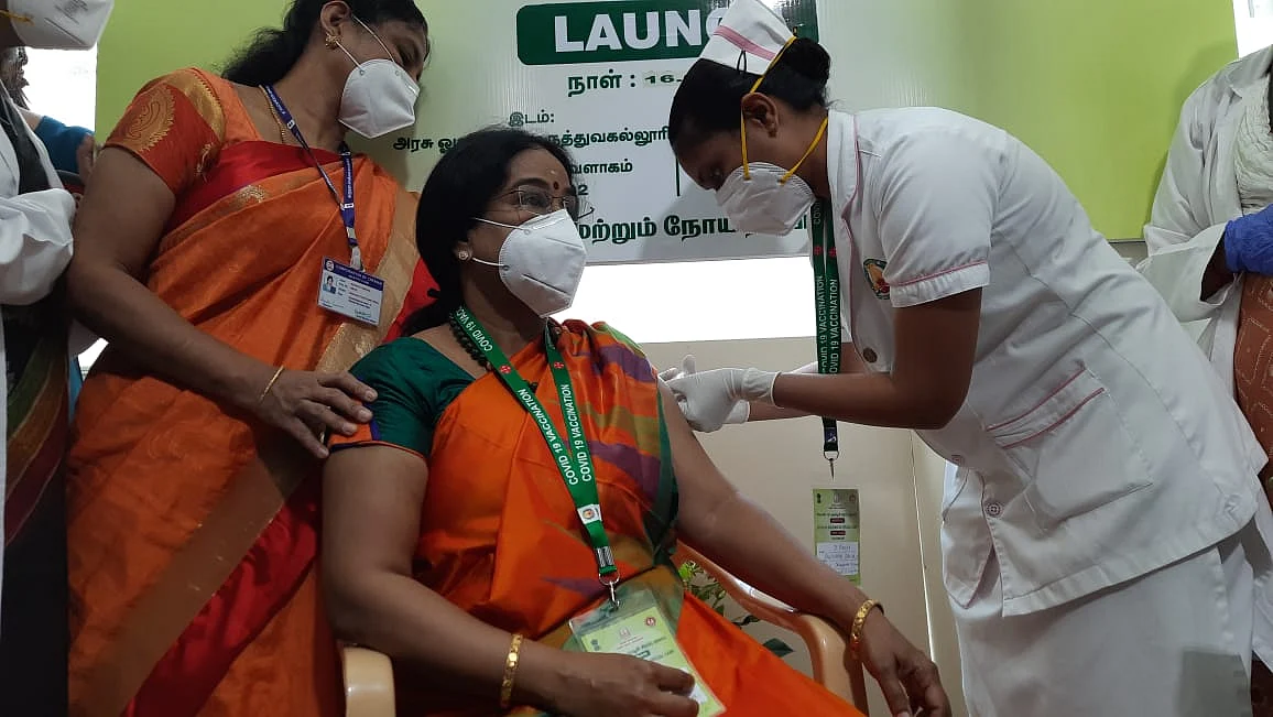 Dr Jayanthi, Dean of Government Medical College, Omandurar was the first to get vaccinated at the centre