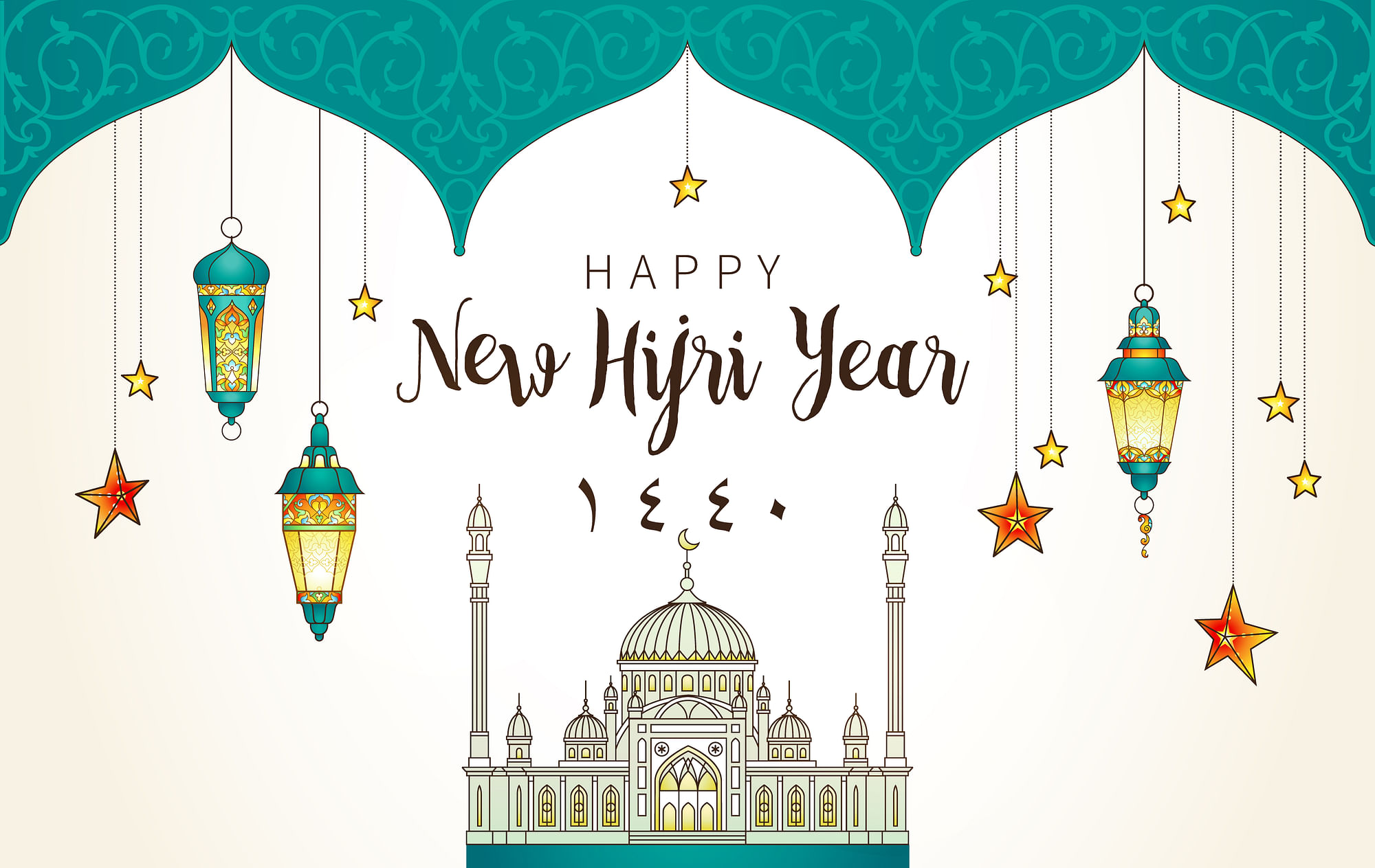 Hijri Islamic New Year 1441 Greeting in Arabic,Urdu,English,Hindi