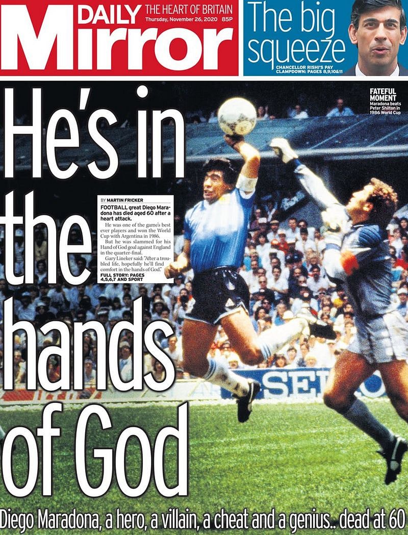 Diego Maradona in the ‘Hands of God’, Adios Diego Newspaper Headlines
