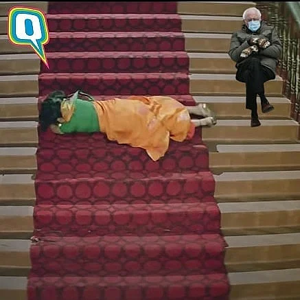 A Lone Bernie Sanders Sitting With His Mittens: Bollywood Edition