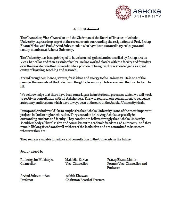 Committed to Academic Freedom Ashoka Uni’s Chancellor