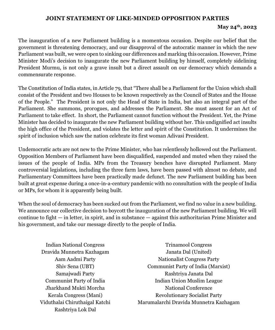 New Parliament Building: 19 Parties to Boycott Inauguration. Is it a 