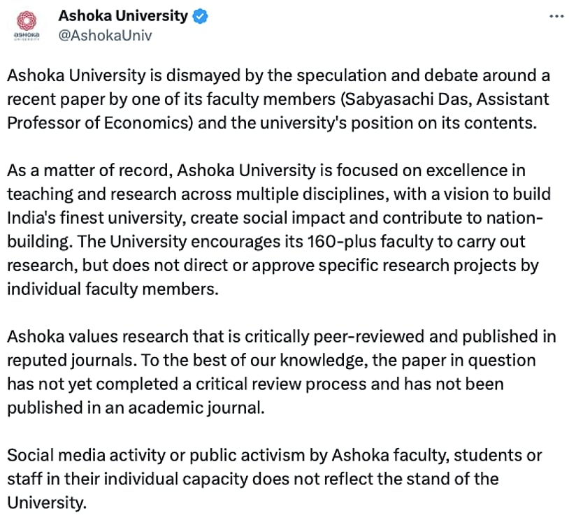 Ashoka University’s Unfortunate Response to Sabyasachi Das' Courageous